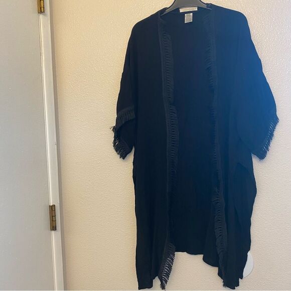 Treasure & Bond black boho fringe trim beachy coastal kimono swim coverup top OS - Picture 4 of 15